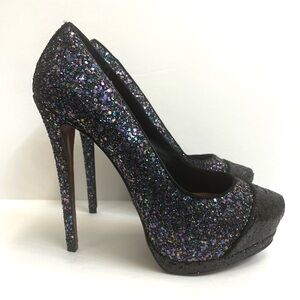 Schutz Fernanda Black & Purple Glitter Cap Toe Platform High Stiletto Heels
